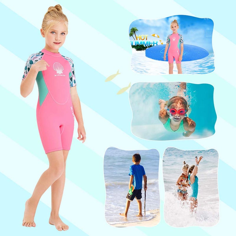 Skyone Wetsuit Kids Shorty Neoprene Thermal Diving Swimsuit 2.5MM for Girls Boys Child Teen Youth Toddler, One Piece Children Rash Guard Swimming Suit UV Protection Sunsuit for Surfing (Girl Pink, XL) - Image 2